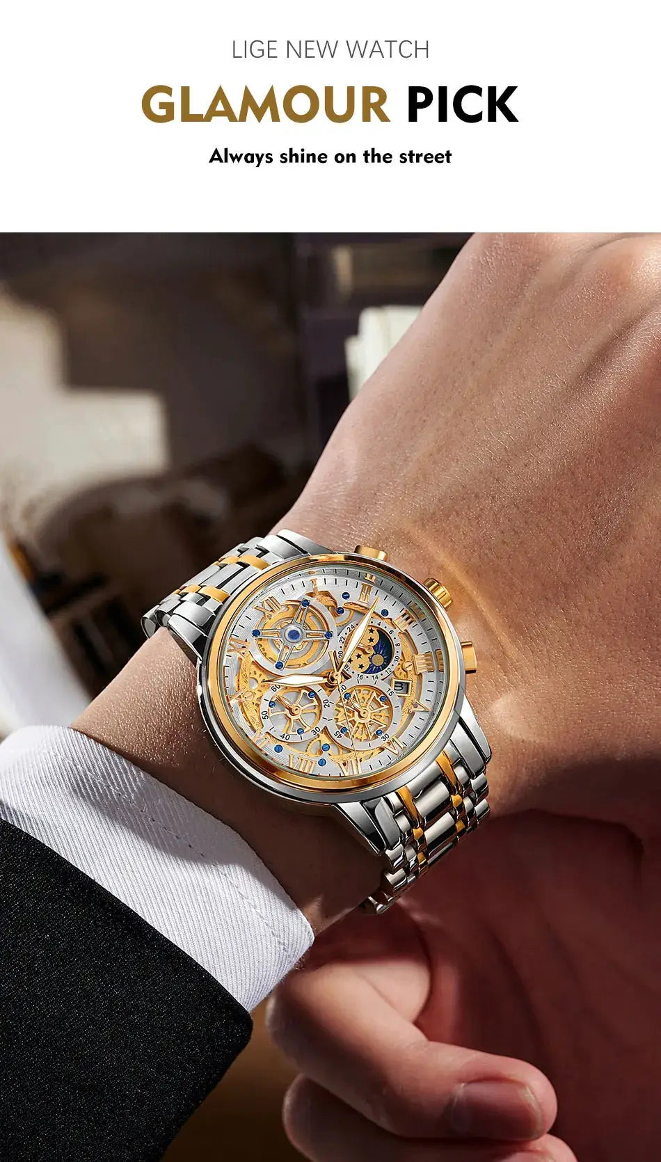 LIGE men's skeleton chronograph watch with a two-tone silver and gold stainless steel bracelet and exposed gears.