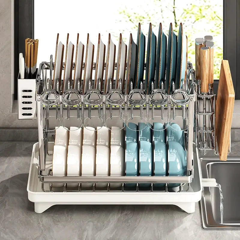 Stainless steel kitchen dish rack by Simples Market with plate and bowl storage; draining rack and utensil holder.