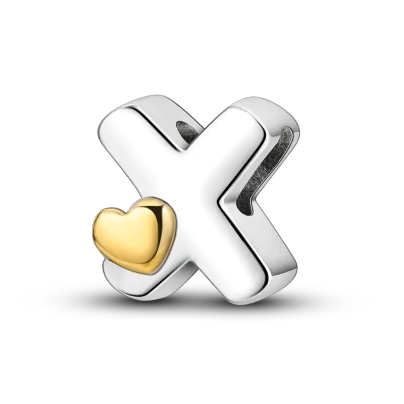 X-shaped sterling silver bracelet charm with a gold-tone heart accent