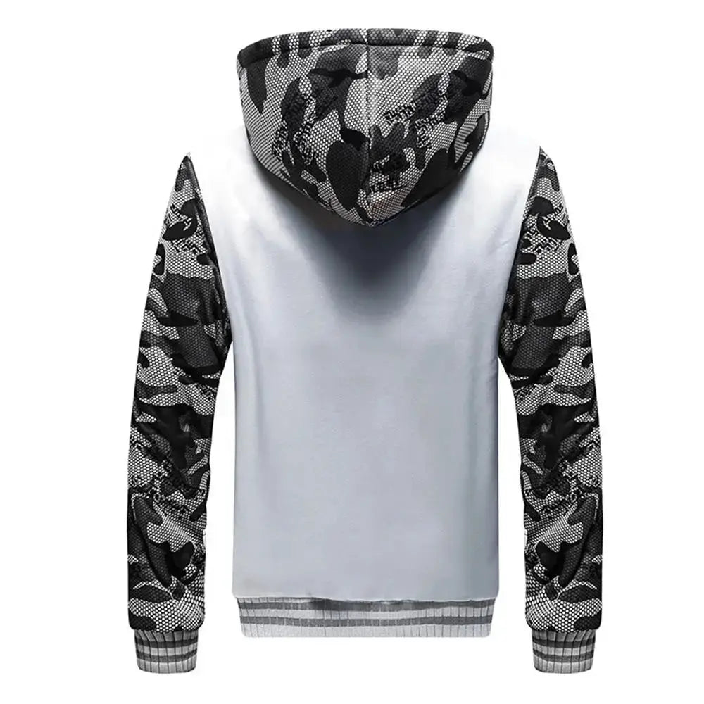 Men's camouflage hoodie jacket with grey body, camo sleeves and hood, ribbed cuffs and hem