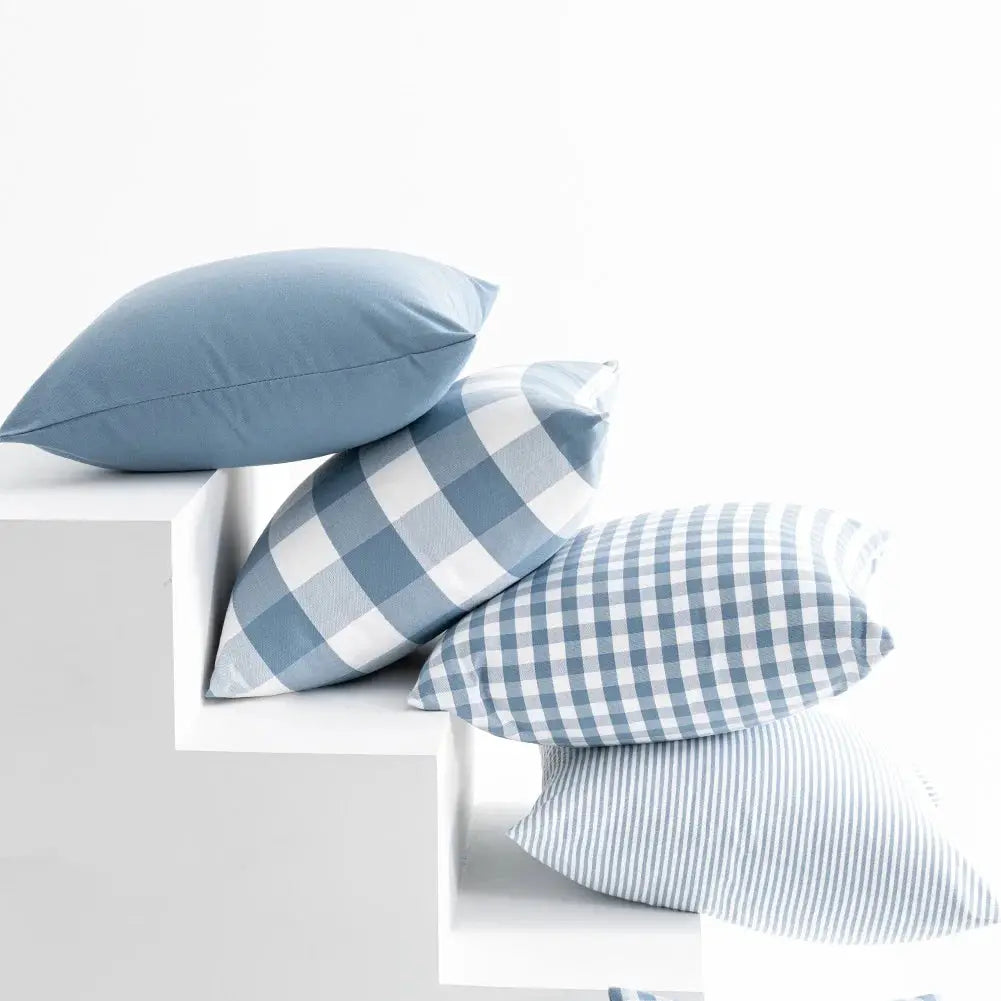 4 blue pillow covers in solid, plaid, gingham and striped patterns (30x50cm/45x45cm) decorative cushions