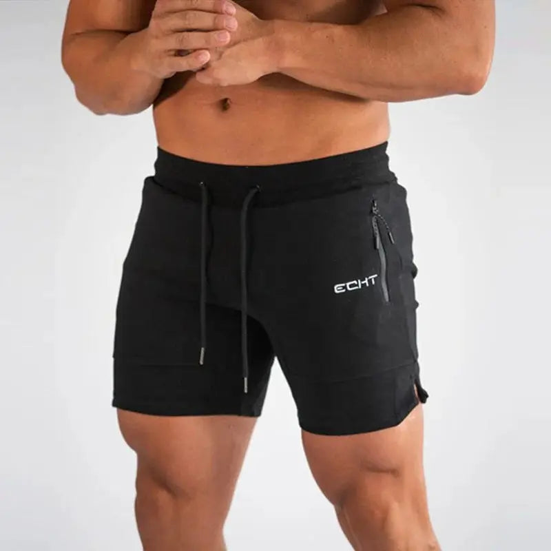 Men's black gym shorts with zip pocket, drawstring waist and logo on thigh