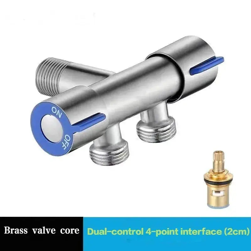 Handheld stainless steel faucet valve by Simples Market with blue on/off levers