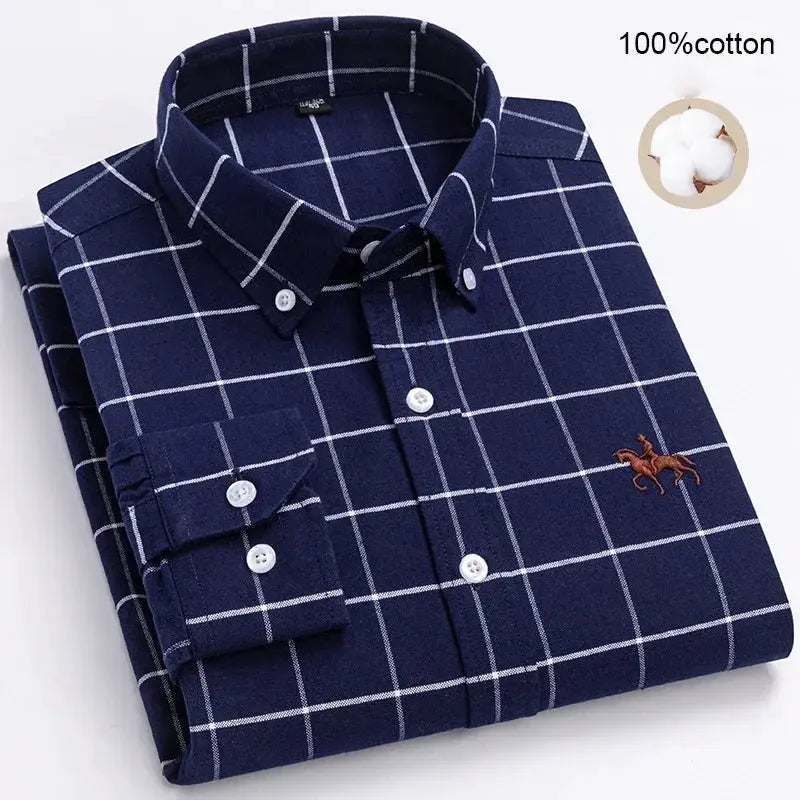 Men's navy plaid oxford shirt, 100% cotton, long sleeves, button-down collar, brown horse embroidery.