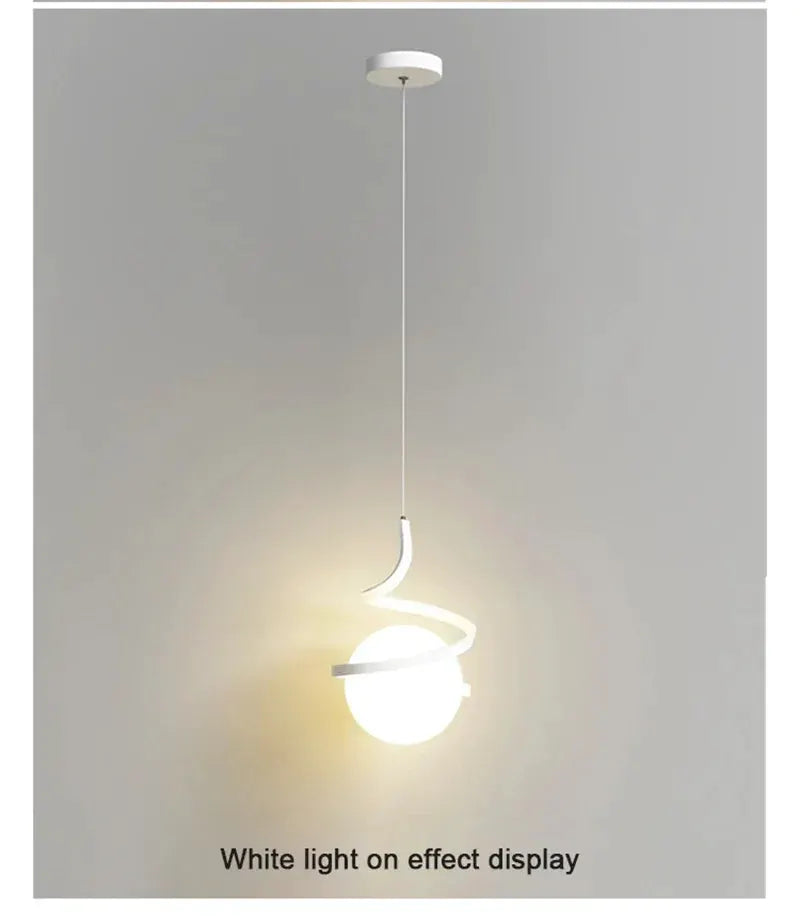 Nordic LED pendant light by Simples Market with white globe and curved ring accent, hanging ceiling lamp