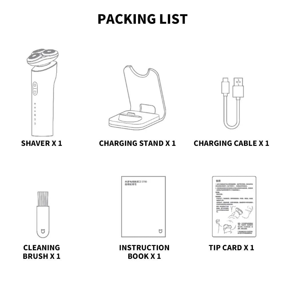 Shaver kit contents: shaver x1, charging stand x1, charging cable x1, cleaning brush x1, instruction book x1.