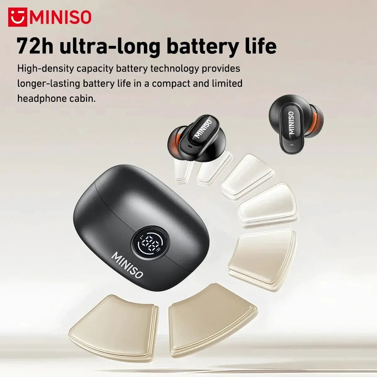 MINISO MS105 Bluetooth in-ear earbuds with black charging case and IPX5 waterproof rating