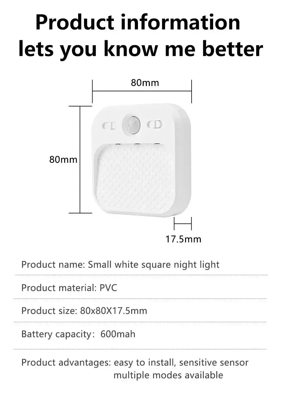 Night light by Simples Market, white square motion-sensor LED with magnet mount, rechargeable