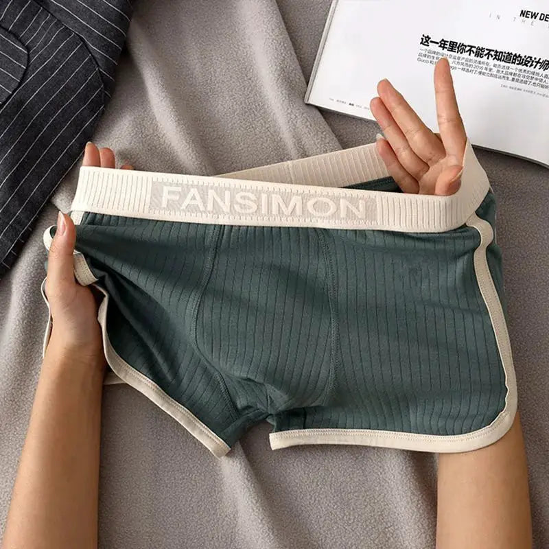 Men's striped boxer shorts in teal with beige trim and Fansimon branded waistband