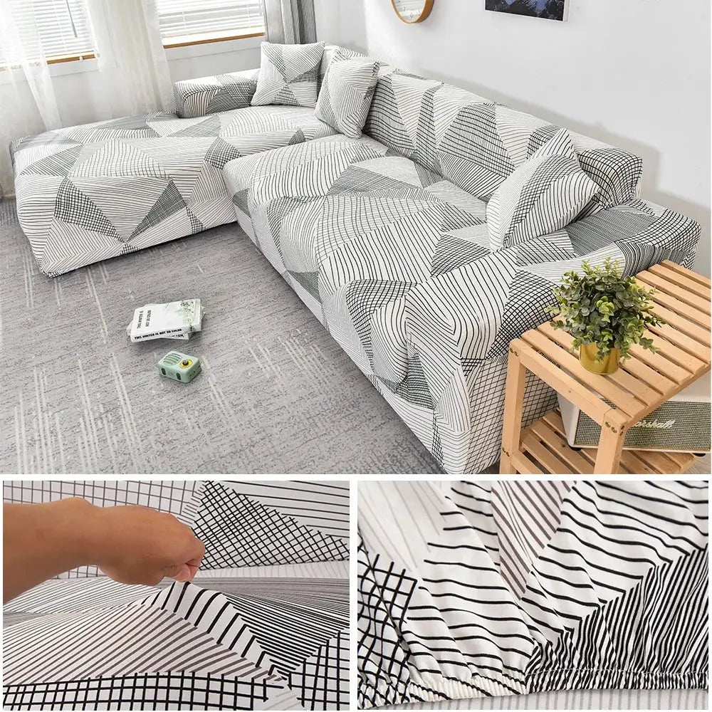 Sofa cover for L-shaped sectional by Simples Market; stretch printed geometric black-and-white slipcover.