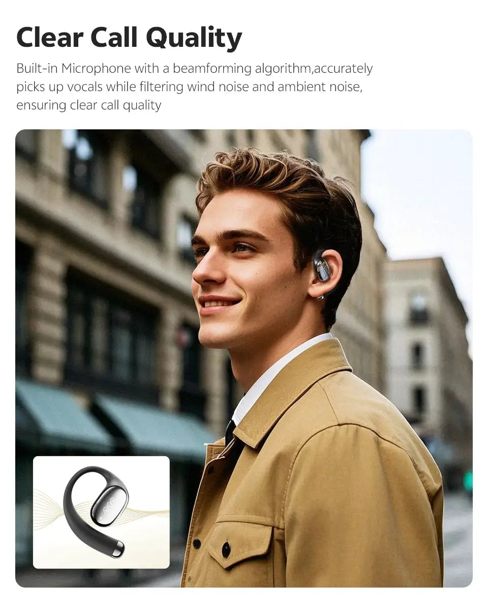 QCY Crossky R70 open-ear wireless headphones in black with silver accents; inset earphone image