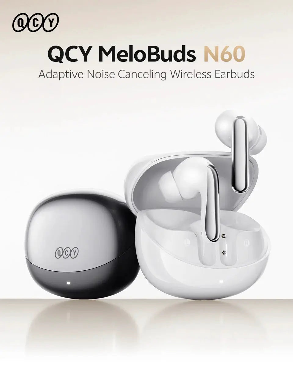 QCY MeloBuds N60 wireless earbuds with charging cases; white earbuds with black and white cases visible