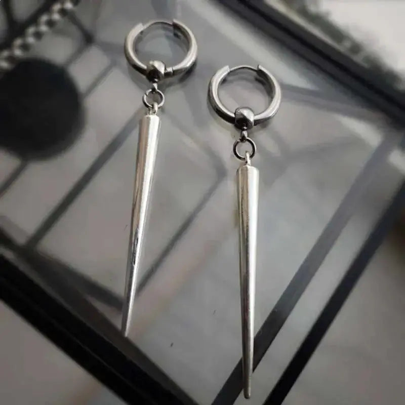 Punk Hip Hop Spike Huggie Hoop Earrings For Men And Women Vintage Gothic Silver Long Tassel Rivet Pendant Earrings Jewel