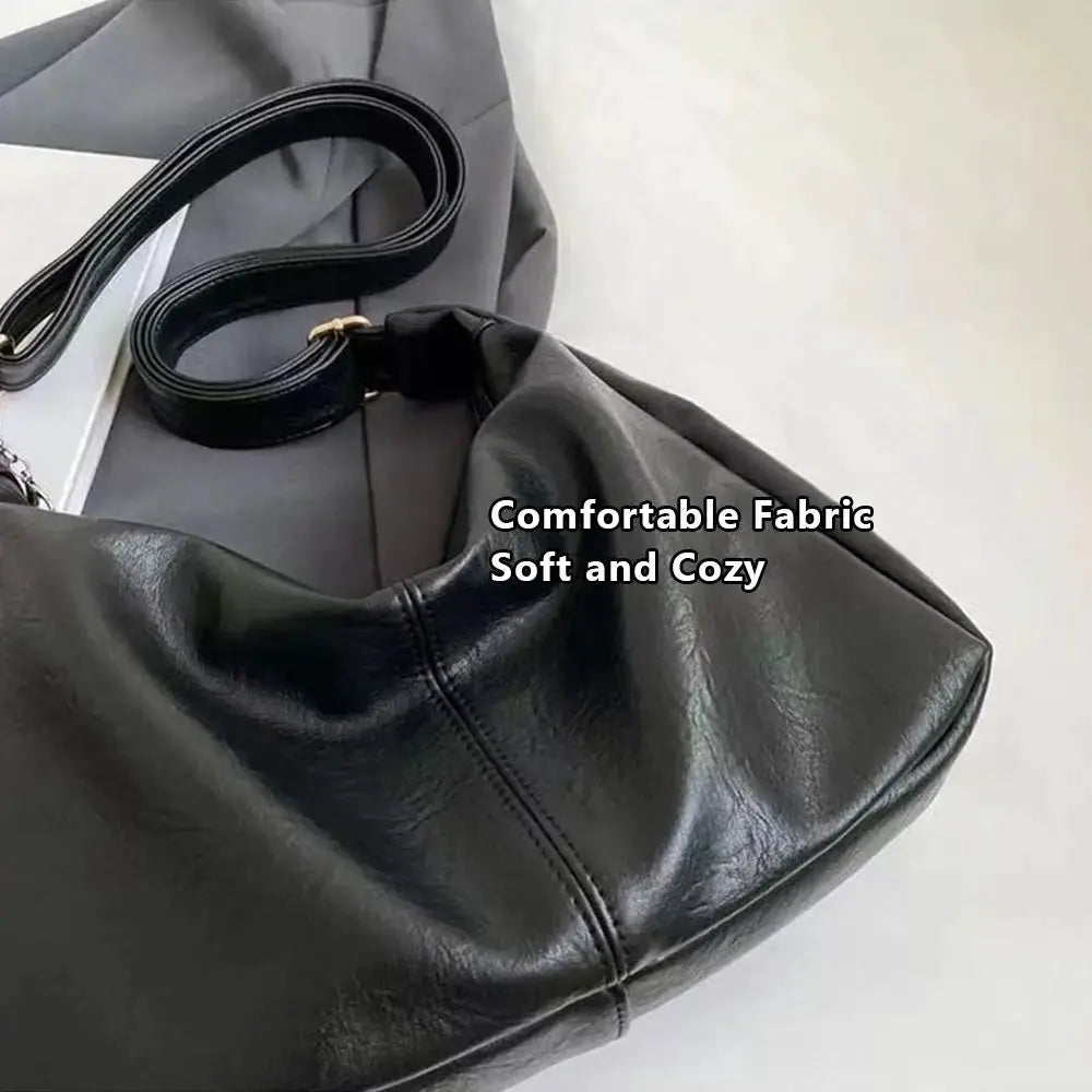 Simples Market black PU leather slouchy shoulder bag with long strap, large capacity hobo tote.