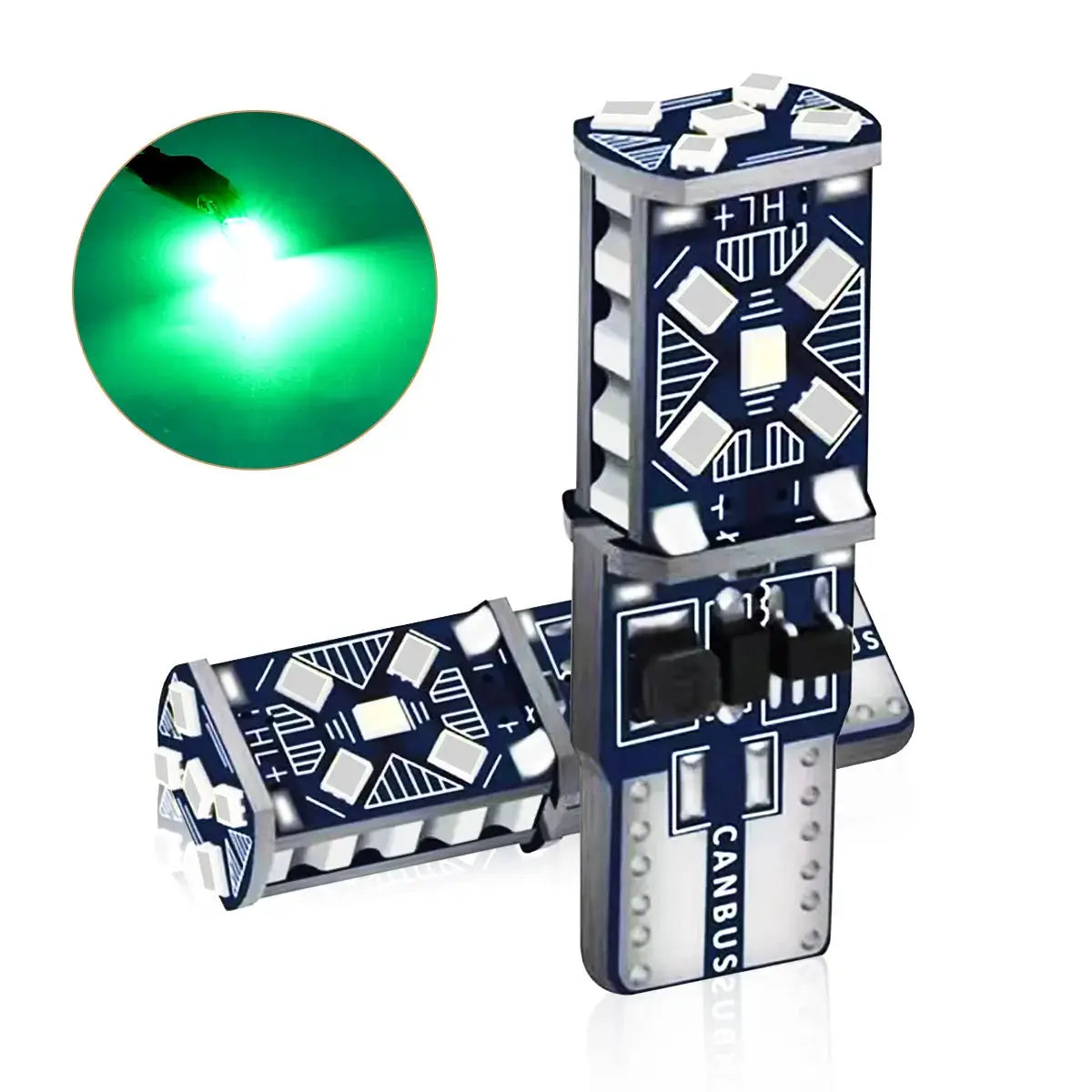 2-pack T10 LED bulbs with 15 SMD, 12V CANBUS, green glow