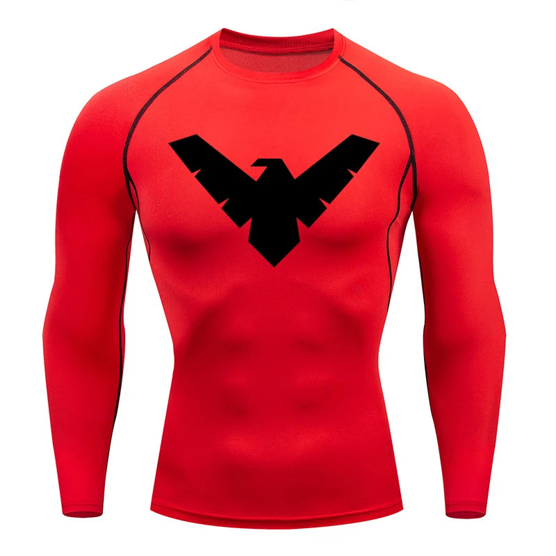 Men's red long-sleeve compression shirt with black logo
