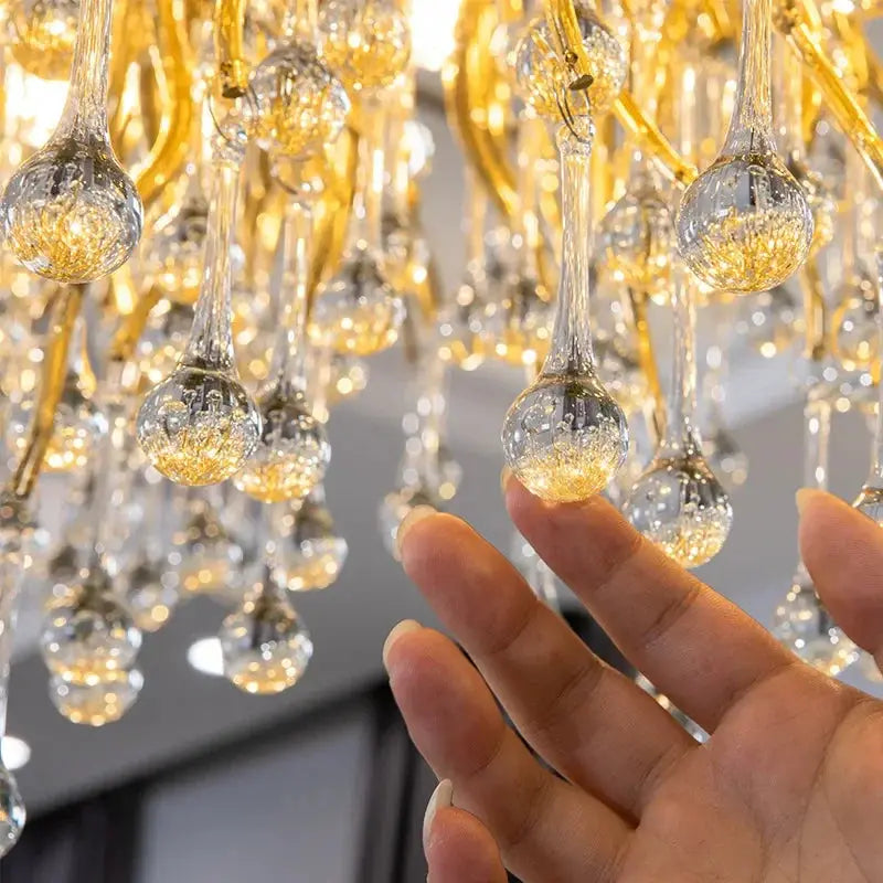 Royal Nordic Crystal Chandeliers with gold chrome water-drop pendants, luxurious living room decor fixture