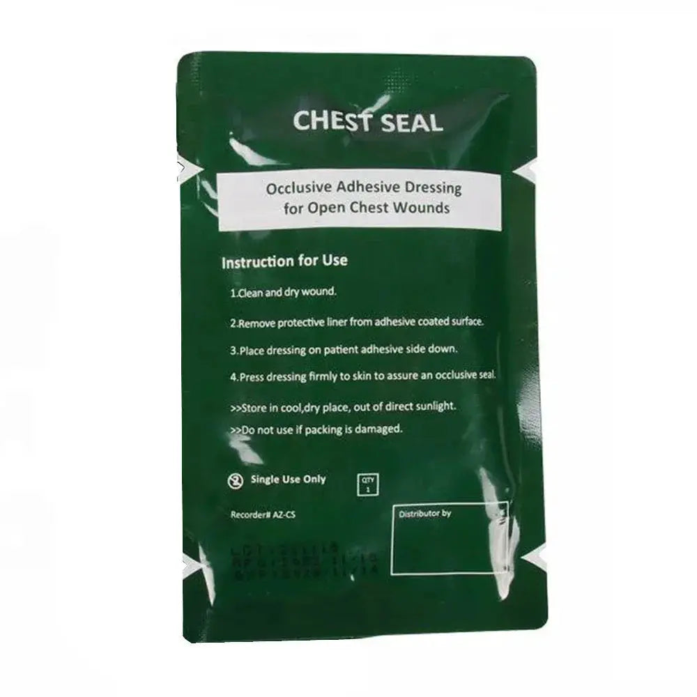 Simples Market chest seal occlusive adhesive dressing, green, sterile, transparent, lightweight vent.