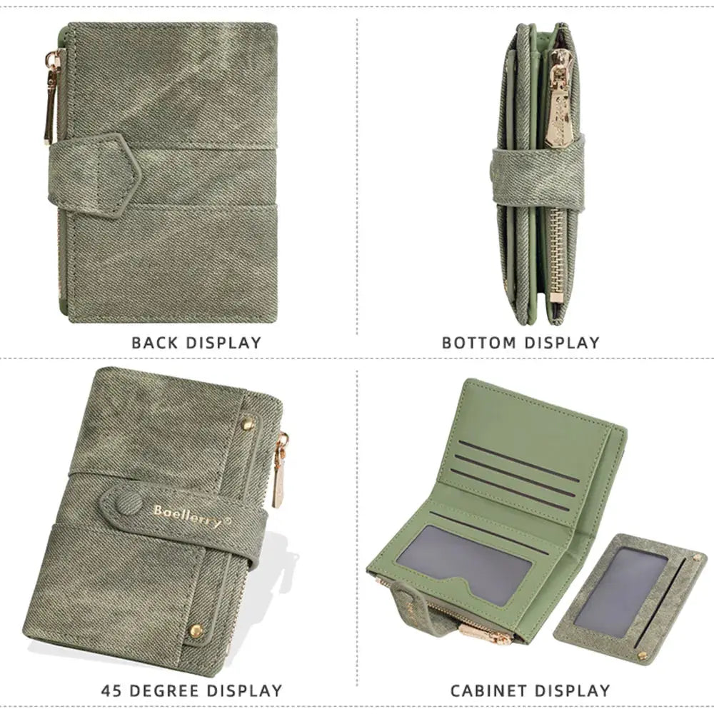 Baellerry green textured women's short wallet with zipper coin pocket and detachable card clip