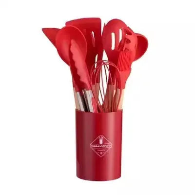ChefGlow 12-Piece Silicone Kitchen Utensil Set With Nonstick Heat-Resistant Heads And Wooden Handles