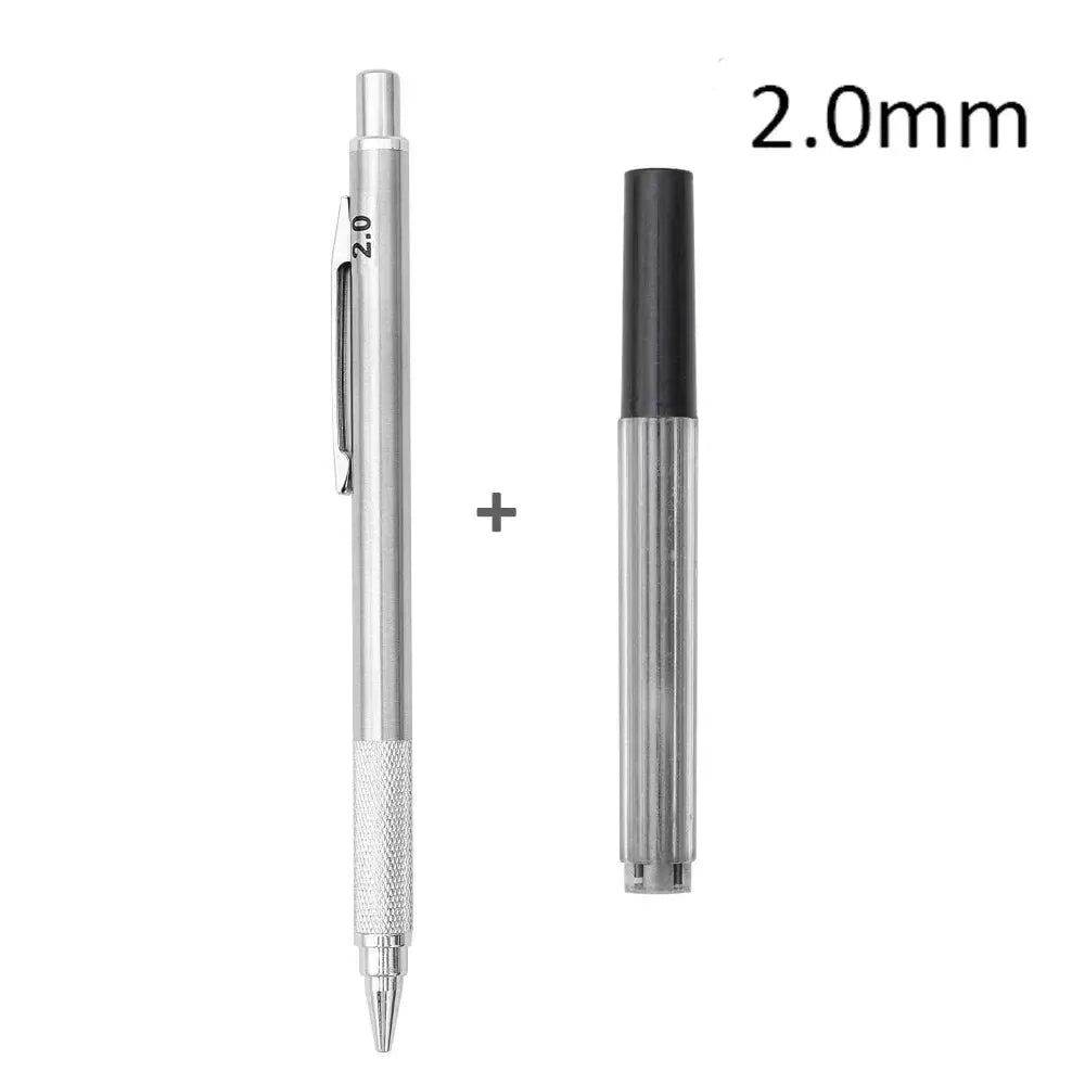 Two-item metal mechanical pencil set with 2.0mm HB lead refills; silver pencil and refill holder.