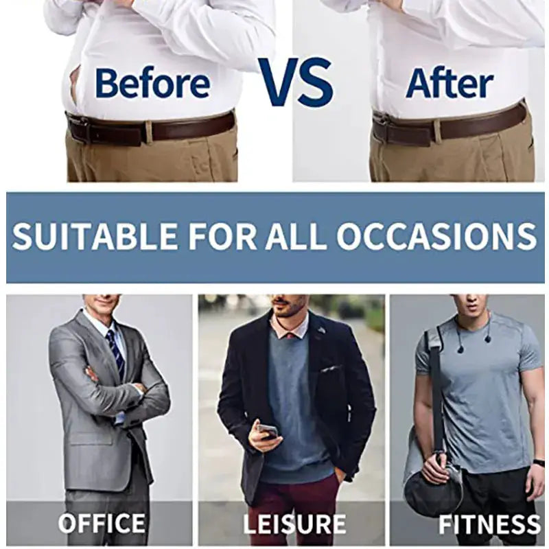 Men's body shaper tummy control compression shorts; belly slimming shapewear shown in a before/after collage