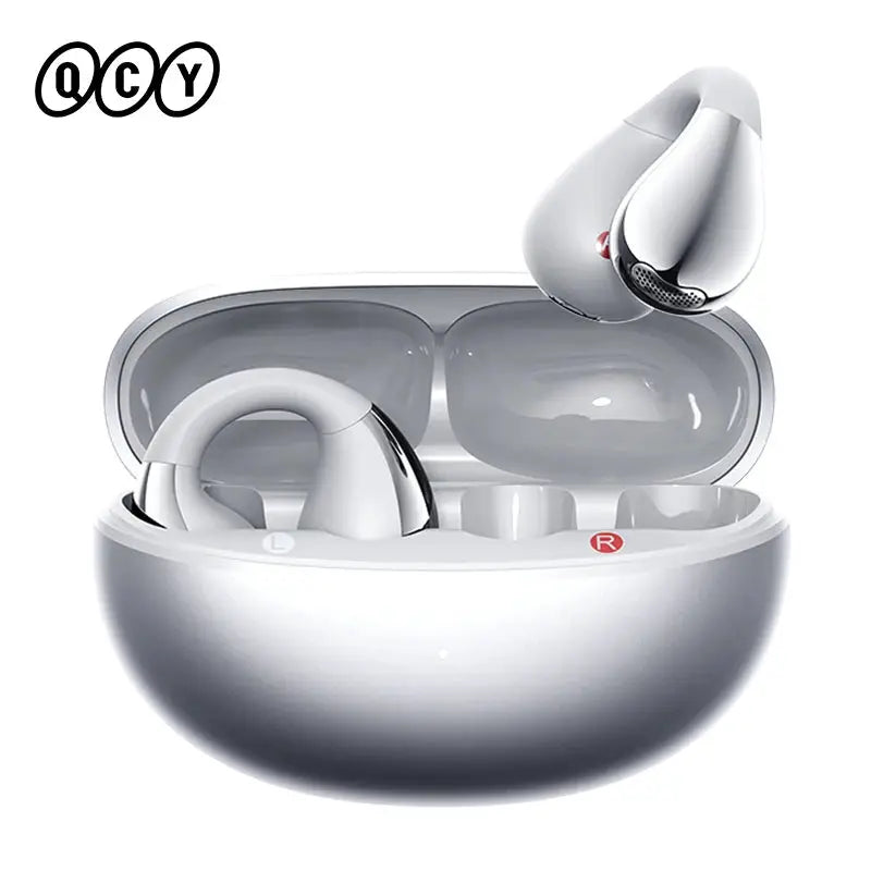 QCY Crossky C30S open-ear wireless earphones with charging case in white-silver finish.