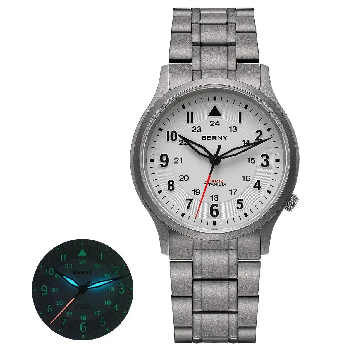 BERNY full titanium men's wristwatch with silver-tone bracelet, white dial, black numerals and luminous hands.