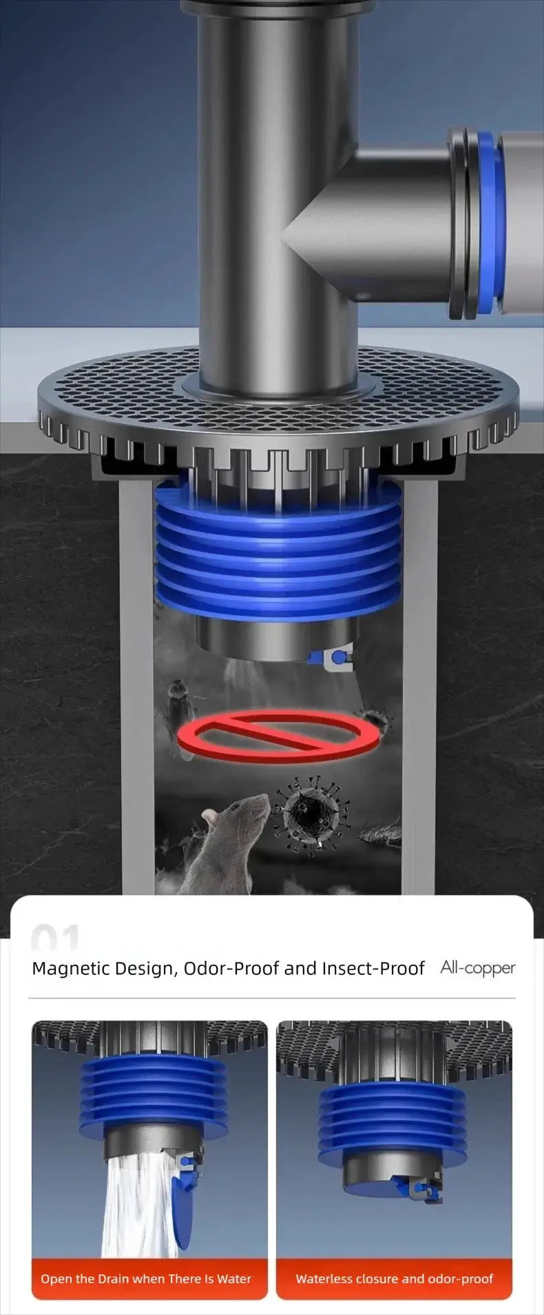 Simples Market universal washing machine floor drain connector; blue threaded plastic adapter on a metal drain assembly.