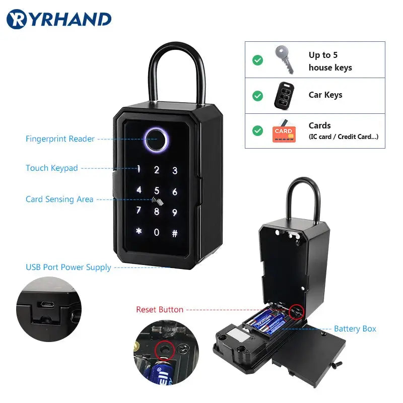 YRHAND TTlock smart lock box, black with fingerprint reader and touch keypad; USB powered