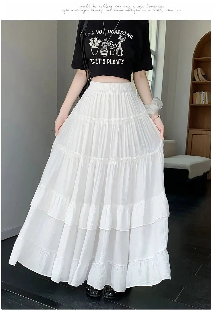Simples Market white tiered ruffle-hem maxi skirt, high-waist chiffon layers, A-line