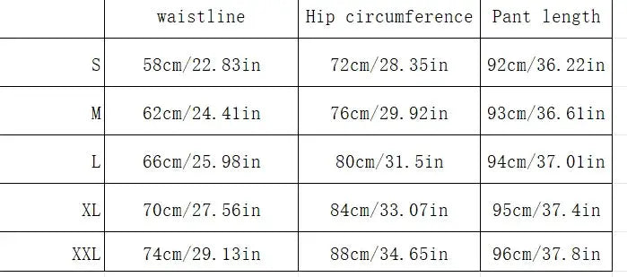 Simples Market high waist butt-lifting tummy control skinny leggings size chart with waist, hip, and pant length for S–XXL.