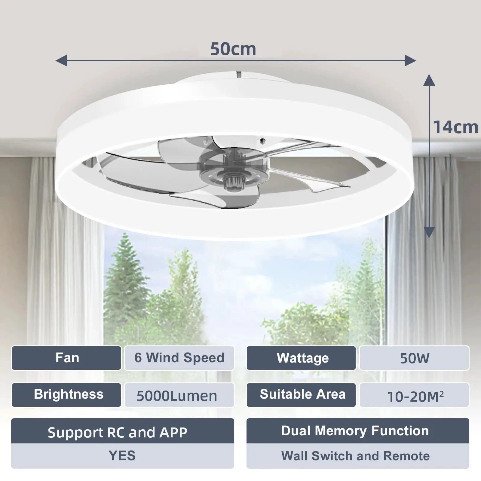 Ceiling fan with integrated LED light, white finish, 50cm diameter, 14cm height, remote control, 6 wind speeds