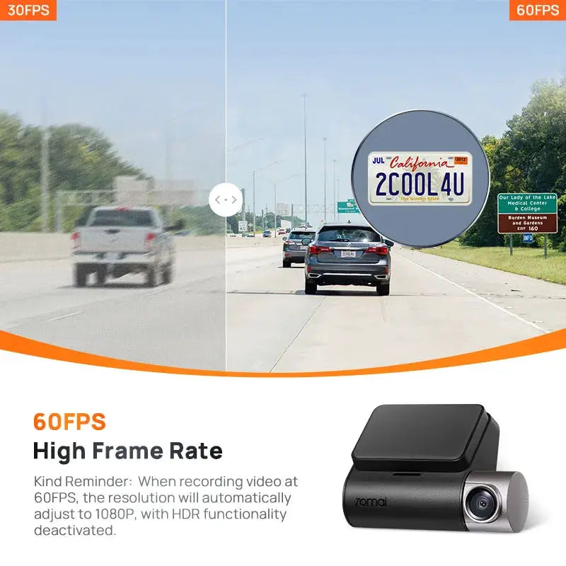 70mai Dash Cam A510, black front dash cam with 60FPS high frame rate
