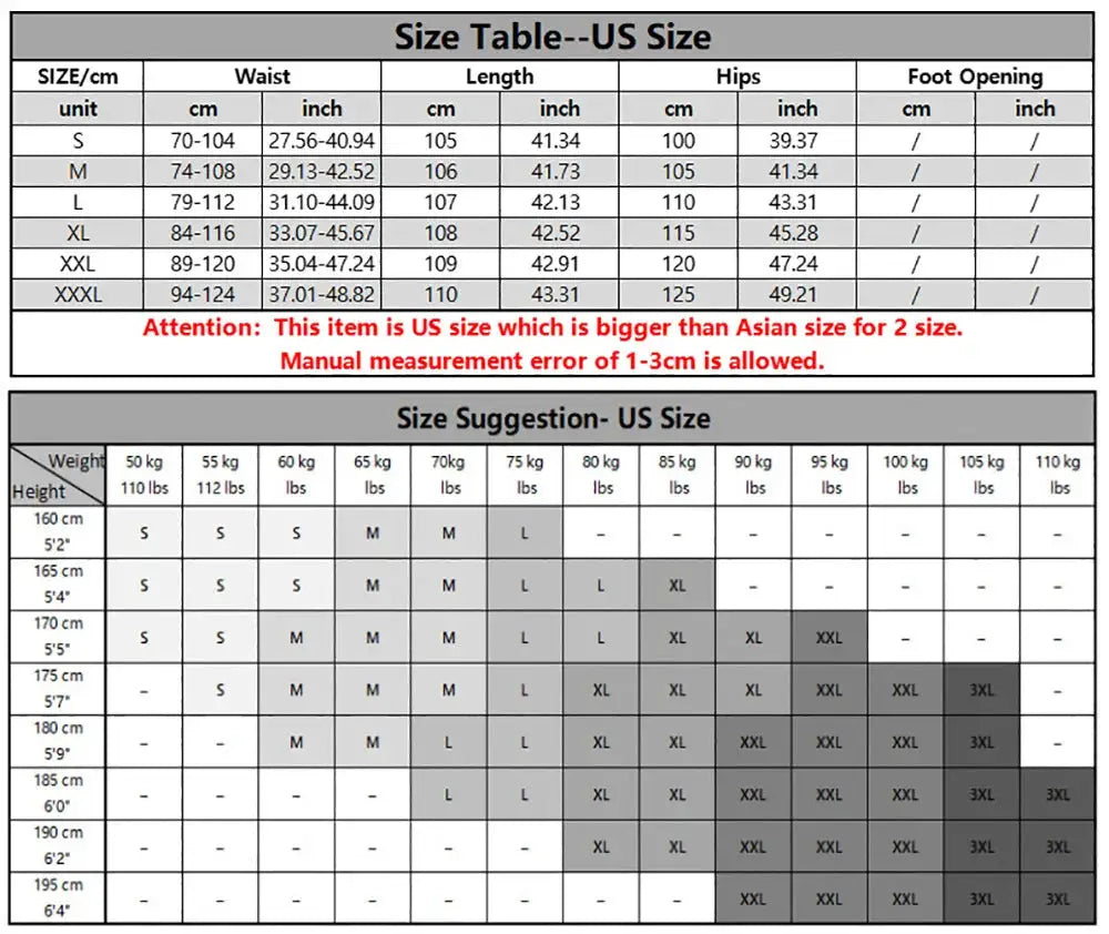 Men's cotton-linen pants size table and US size guide