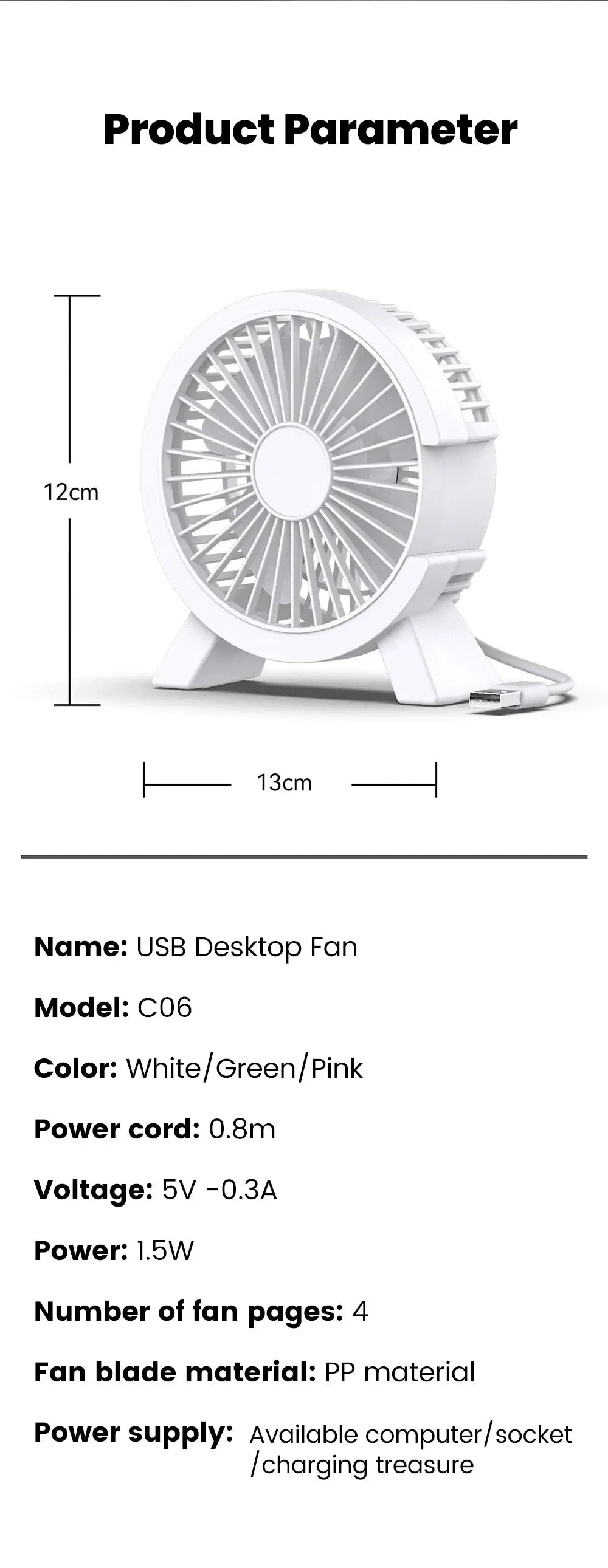 Simples Market USB desktop fan C06, white compact desk fan