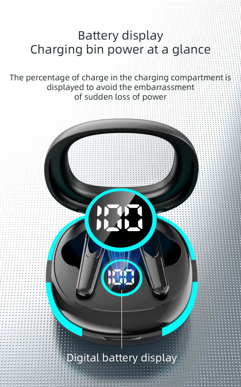 Plus50 ANC+ENC true wireless earphones in black charging case with LED battery display, two earbuds