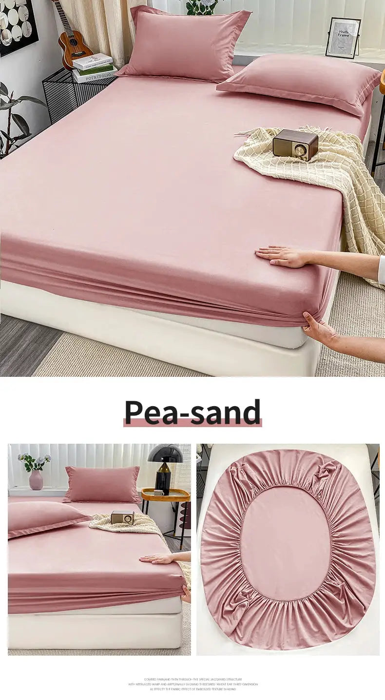 Simples Market 1pc pea-sand fitted bed sheet with elastic anti-slip band for single to king beds