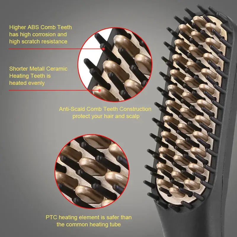Simples Market electric hot comb straightener for beard care, black handle with beige ceramic teeth, anti-scald design