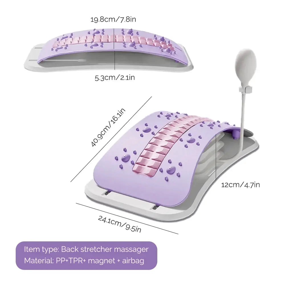 Back massager Foreverlily by Simples Market with purple airbag pad and pink nodules; handheld air pump included.