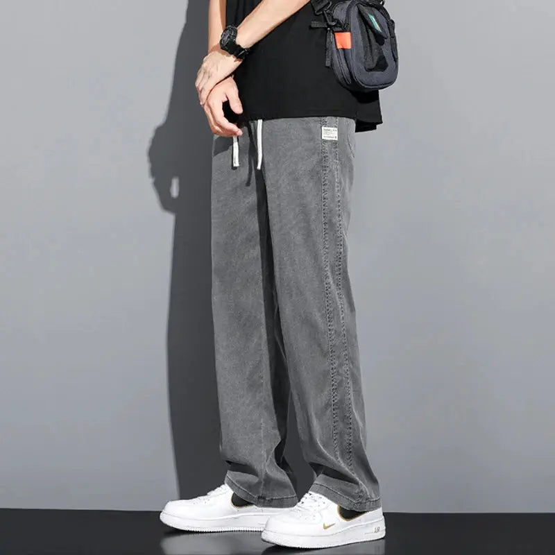 Men's gray lyocell jeans with drawstring elastic waist, loose straight fit, Korea casual trousers by Simples Market