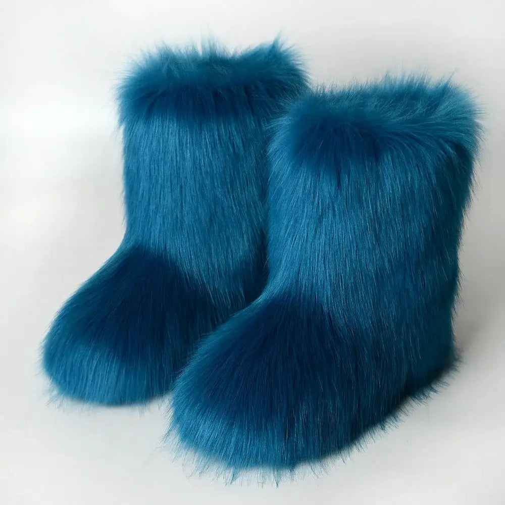 Women's Winter Snow Boots With Plush Faux Fox Fur Mid Calf Warm Platform Shoes For Cold Weather Outdoor