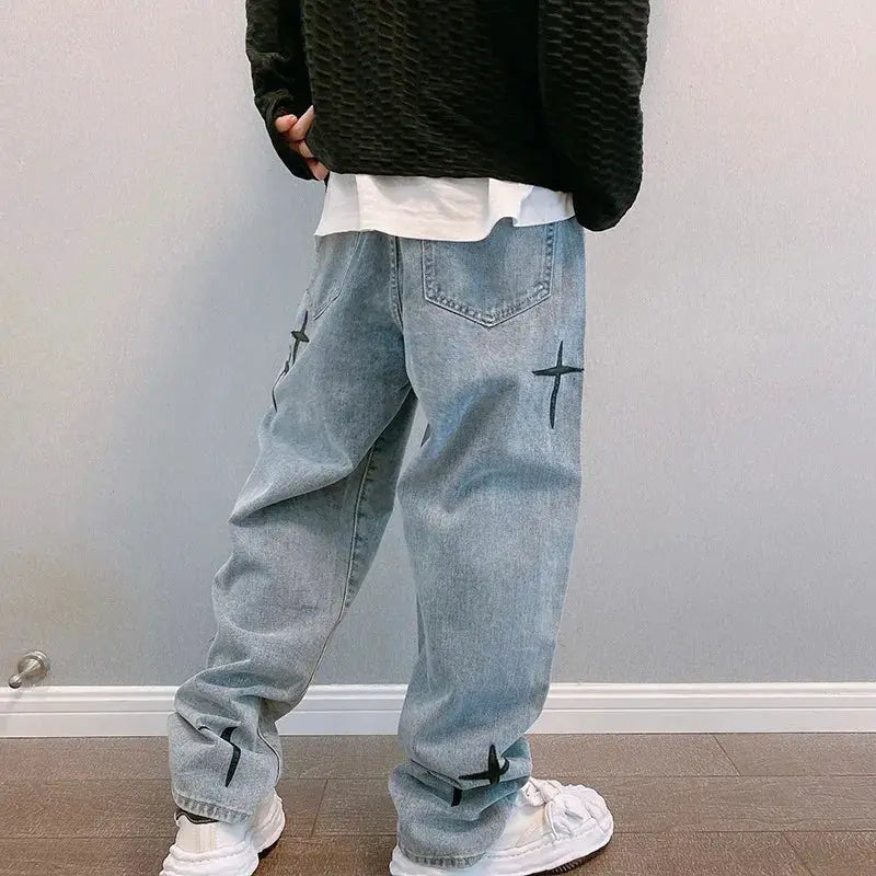 Simples Market boyfriend denim cargo pants with star cross prints, light wash, loose wide-leg fit