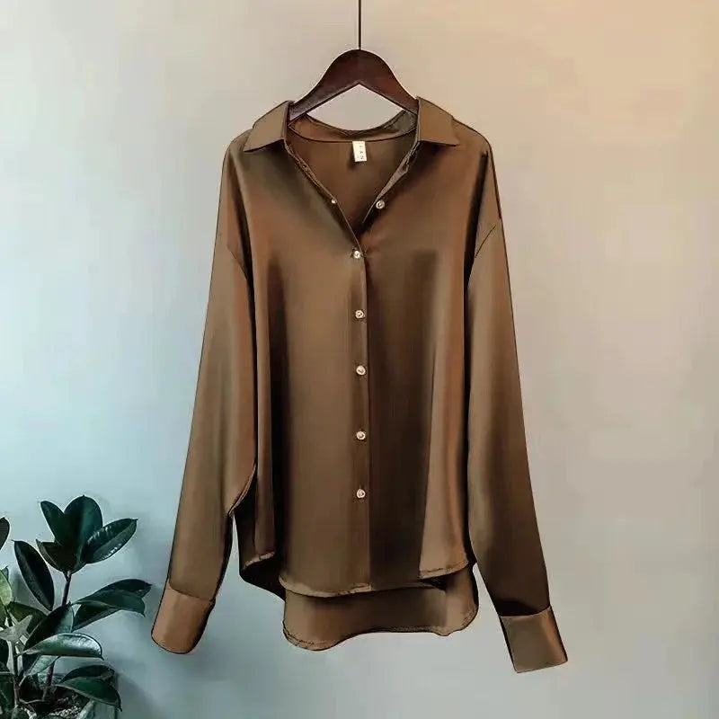 Aurora Couture Satin Blouse For Women All Season Comfort Button Front For Office And Casual Wear