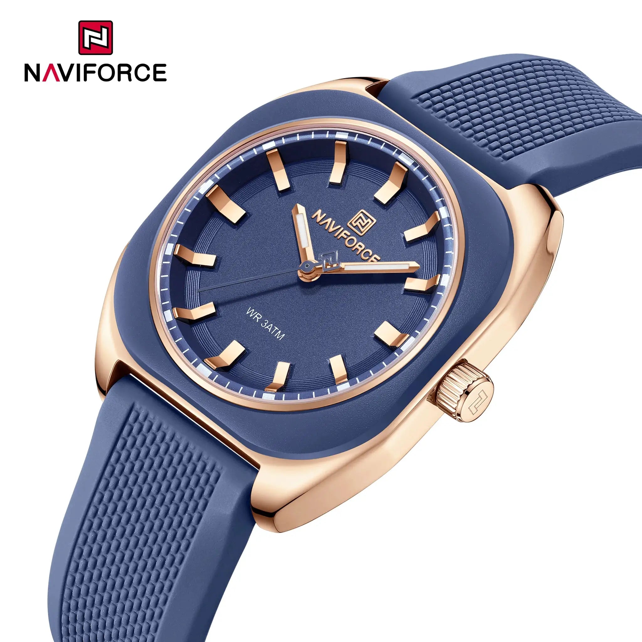 Naviforce women's wristwatch with blue dial, rose-gold case and blue silicone strap