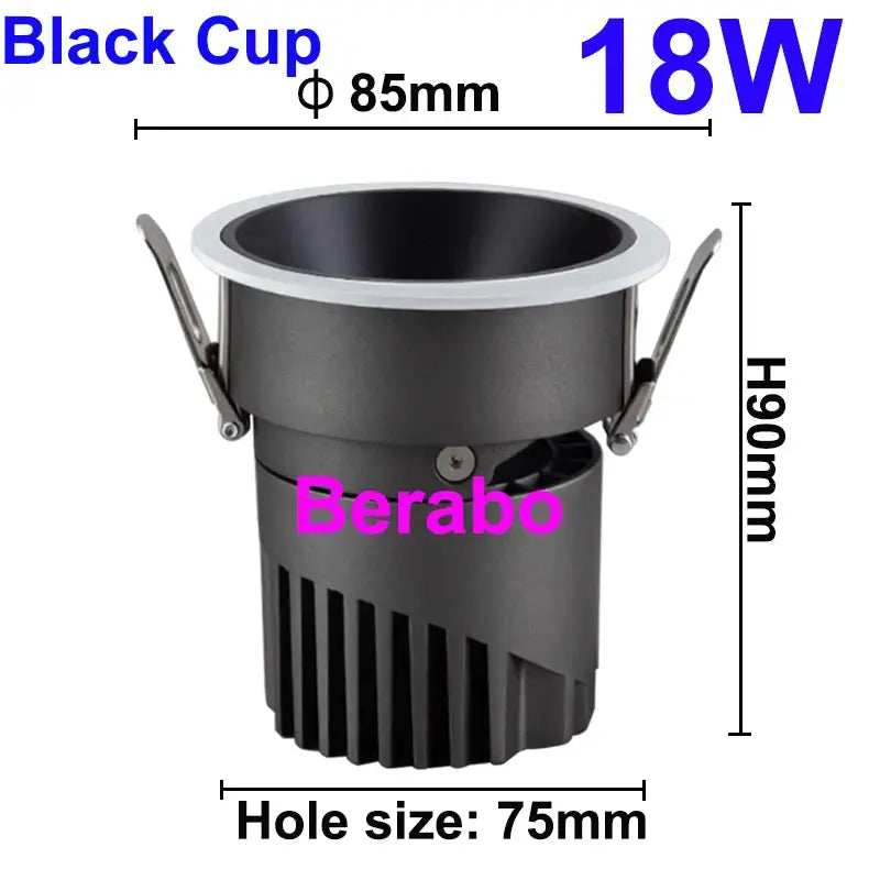 Berabo recessed LED downlight, 18W COB dimmable, black cup finish for indoor ceiling use