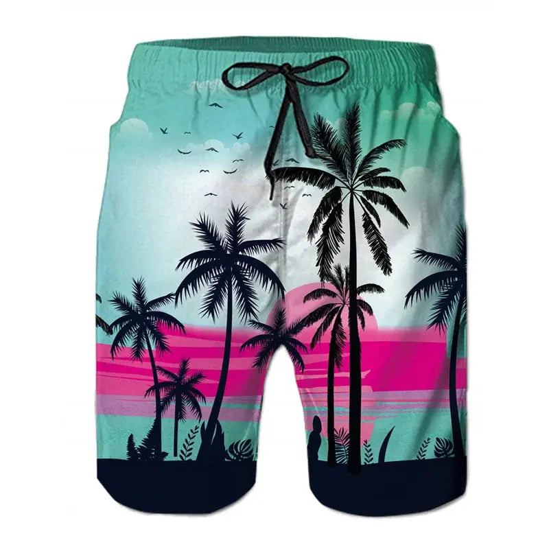 Men's board shorts with tropical palm tree print, teal and pink gradient, black drawstring
