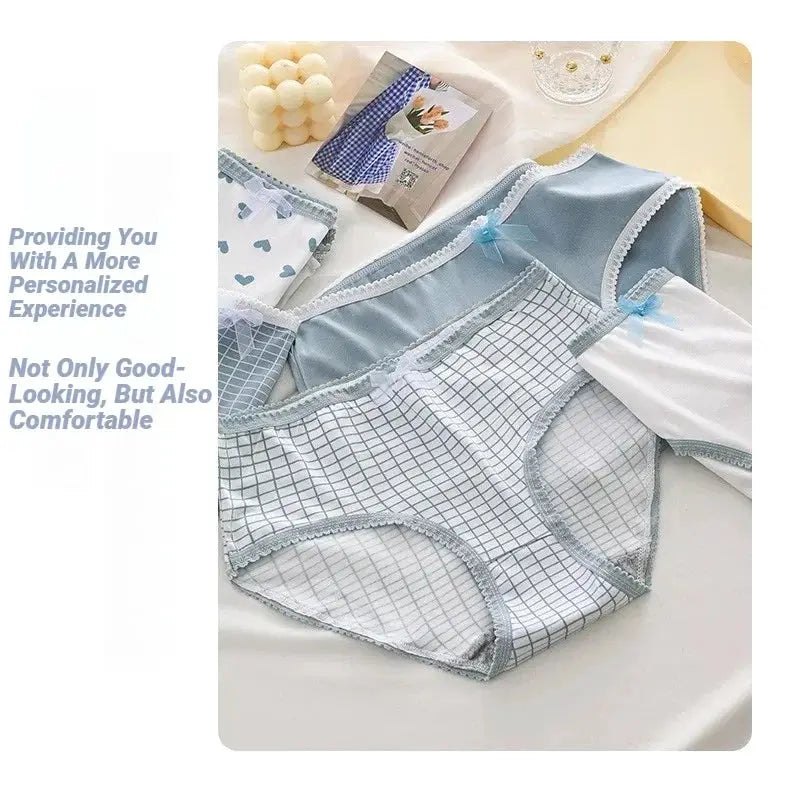 Simples Market 5pc soft women's briefs set in light blue plaid with lace trim
