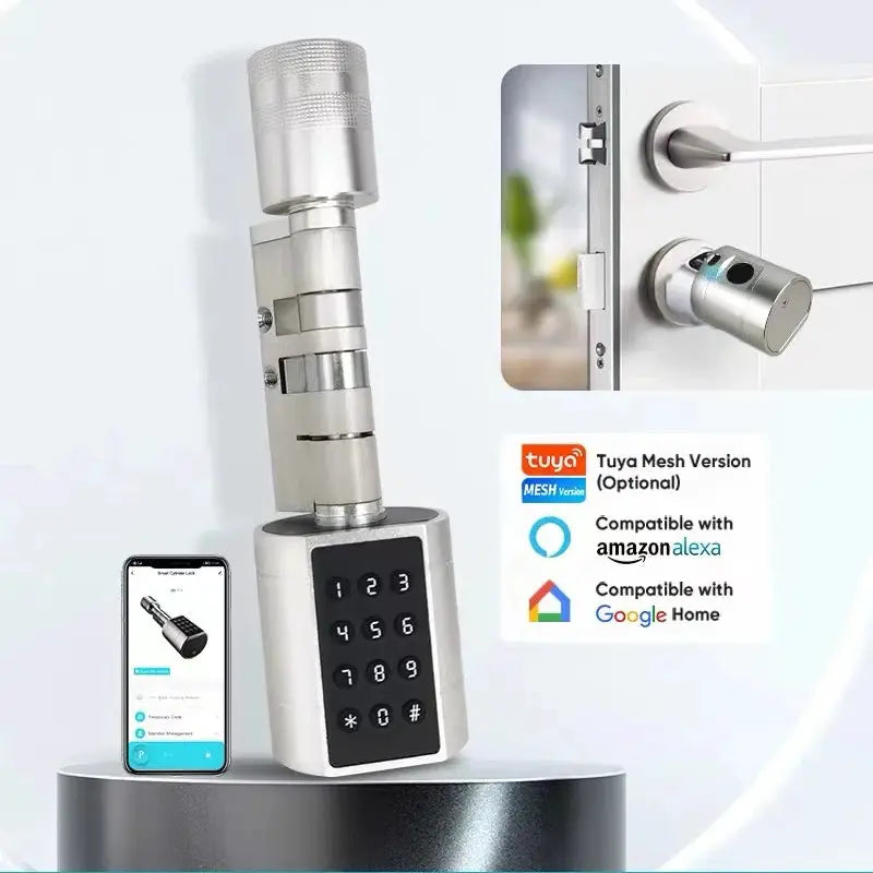 Tuya APP fingerprint cylinder smart door lock by Simples Market; silver metal, works with Alexa/Google Home.