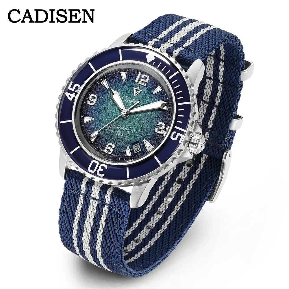 CADISEN Deep Explorer watch with blue gradient dial and navy striped canvas strap